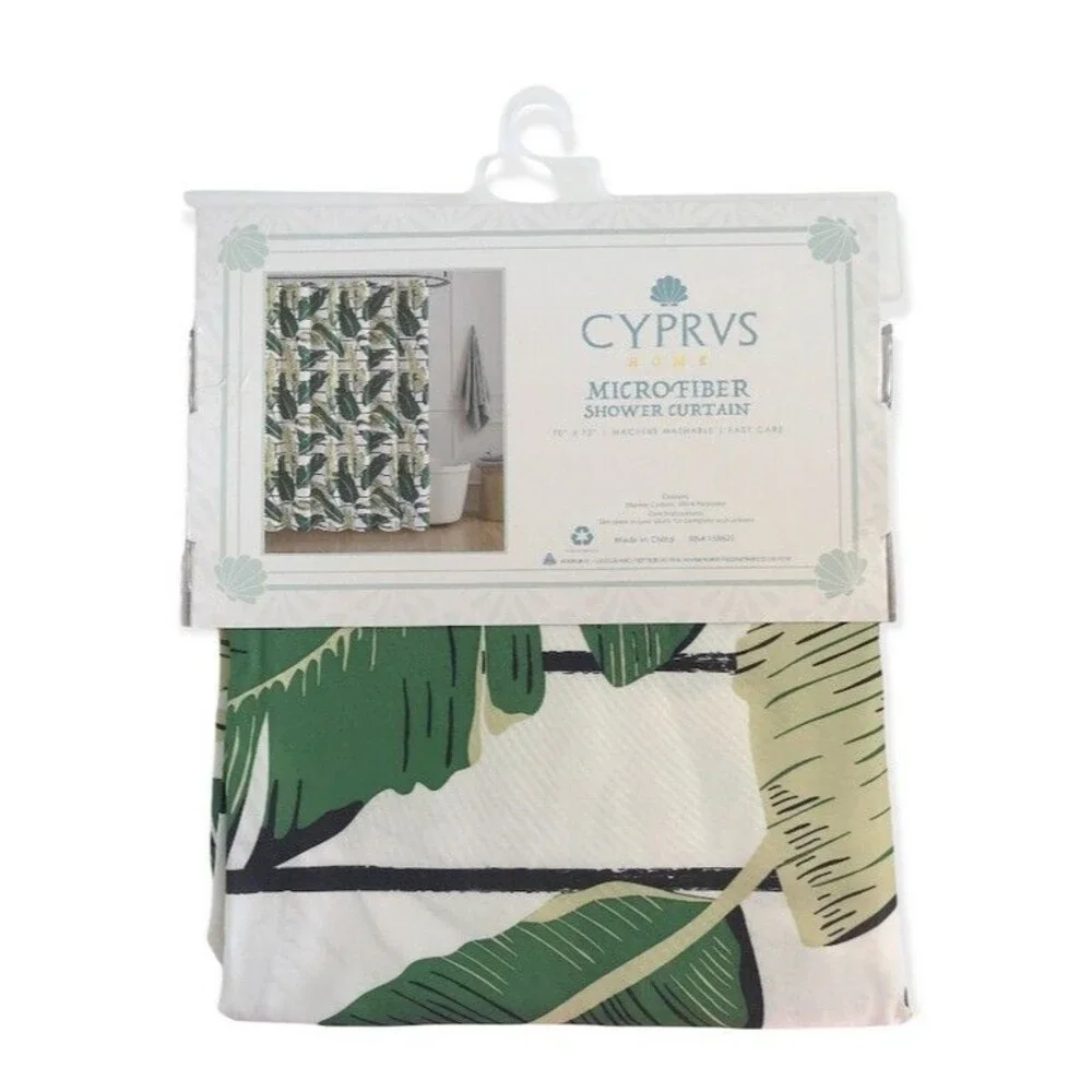 Palm Leaves Fabric Shower Curtain Beach House Green White Tropical 70x72